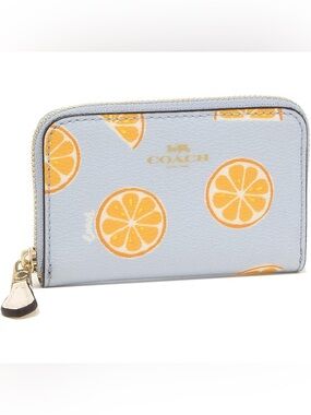 🍊COACH Orange Print Zip Compact Wallet Coin Case Light Blue White Orange